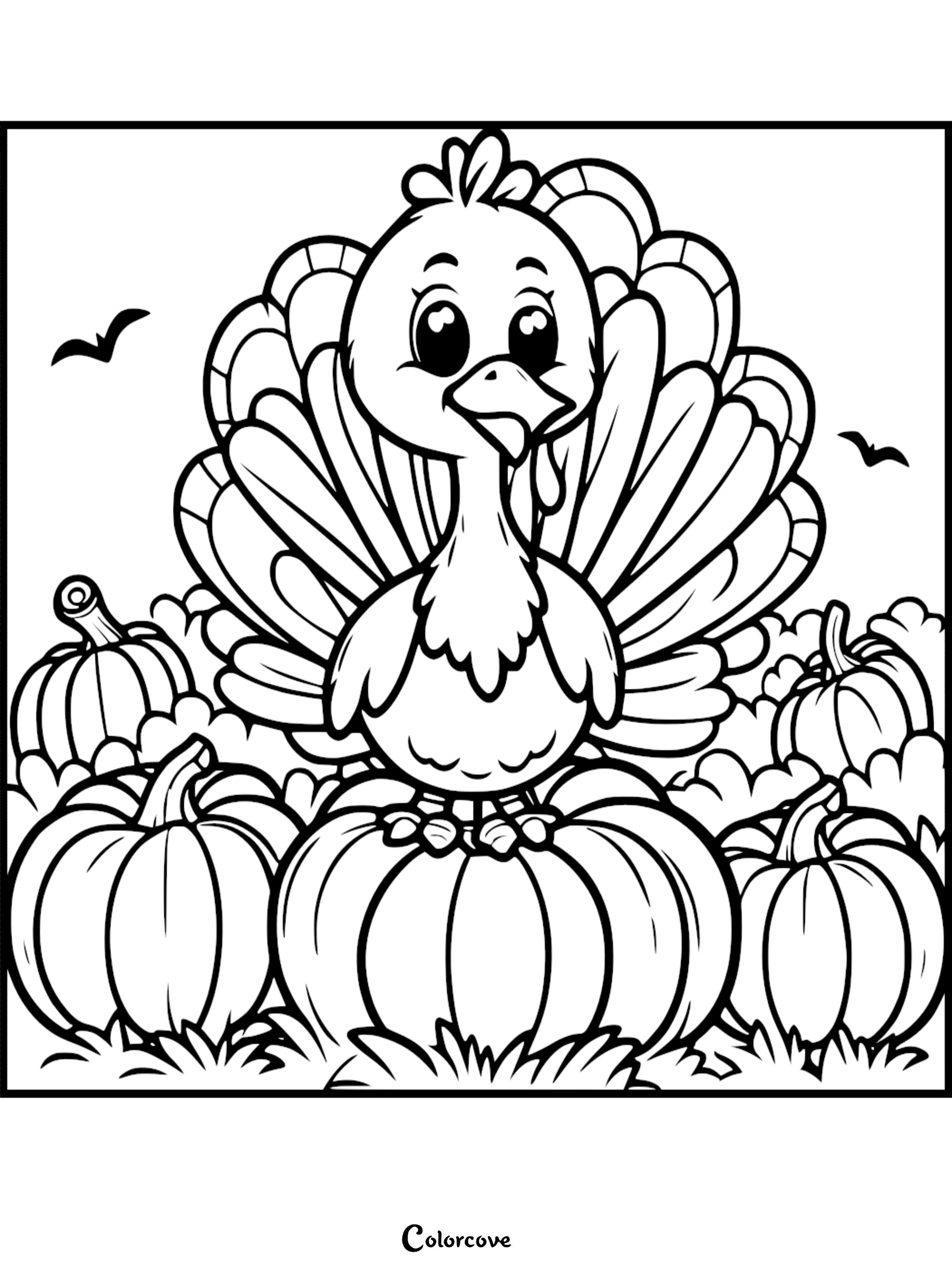 Turkey coloring page for kids with pumpkins and birds, perfect for Thanksgiving art activities from colorcove.org.