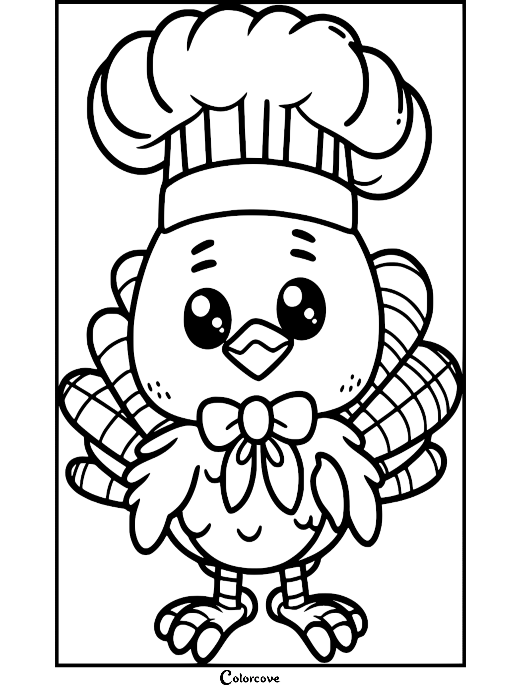 Adorable turkey coloring page with a chef's hat and bow tie, perfect for kids during Thanksgiving. Download at colorcove.org.