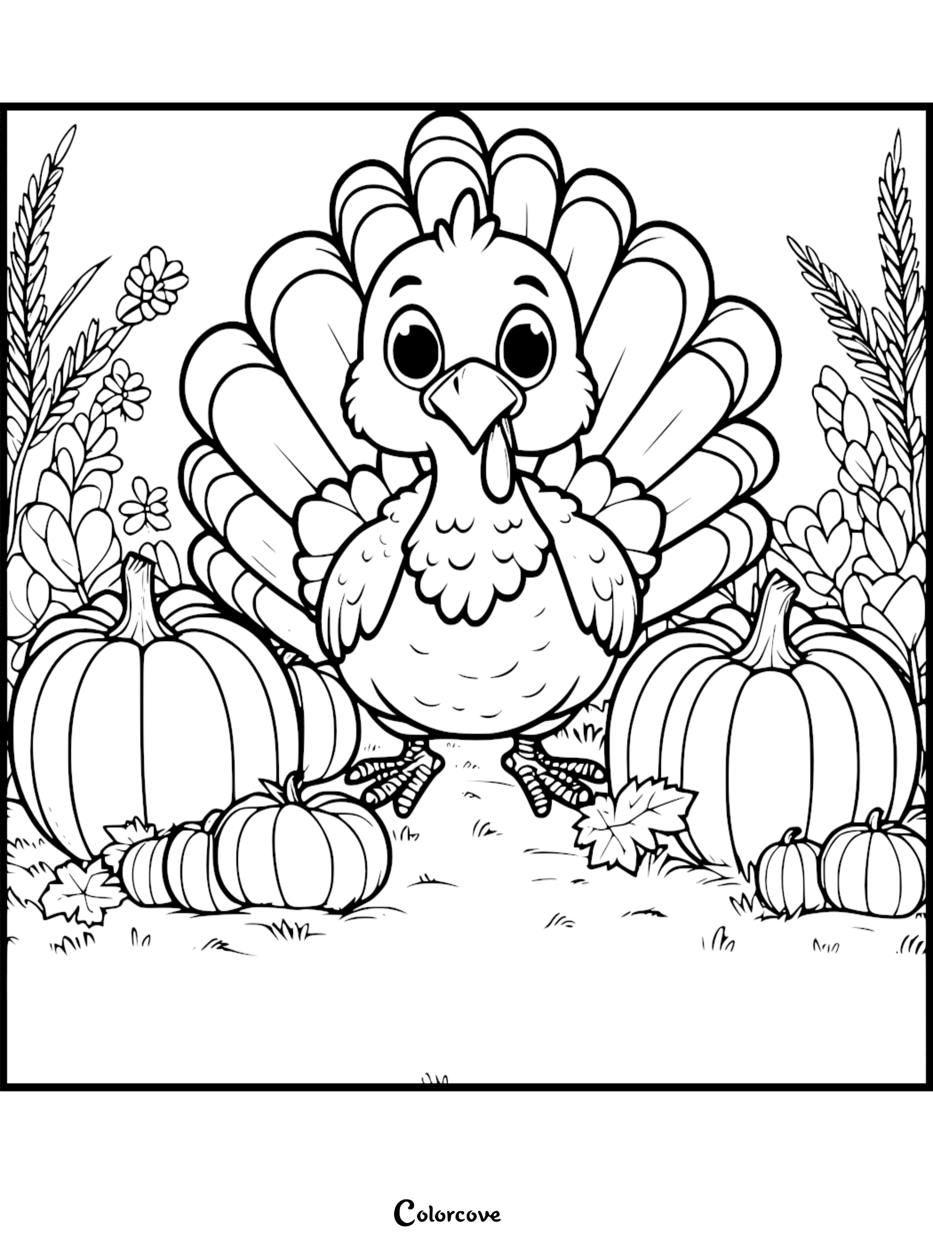 Cute turkey in a fall scene coloring page with pumpkins and foliage from ColorCove.org. Perfect for Thanksgiving activities!