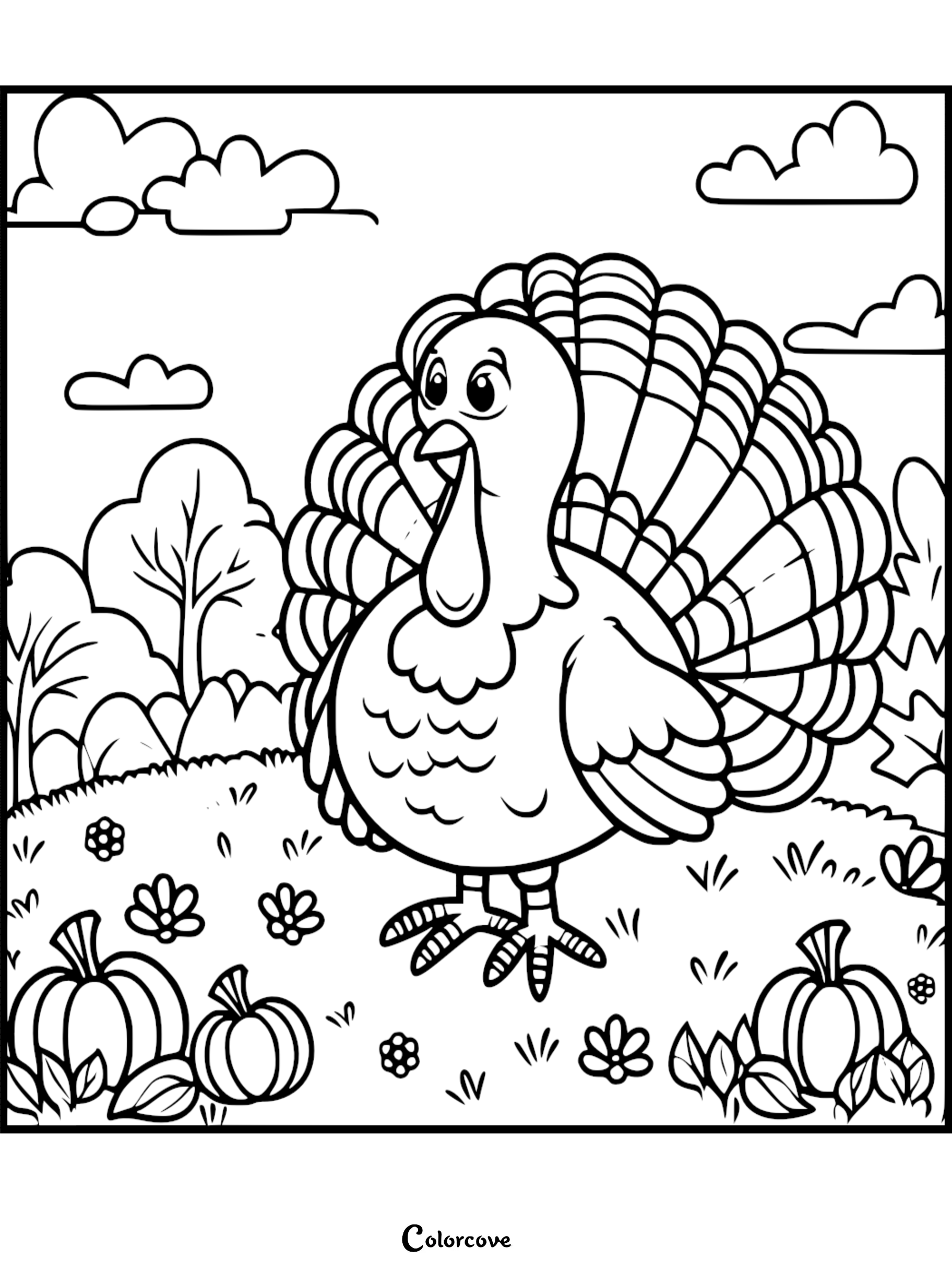 Turkey coloring page for kids, featuring a turkey in a field with pumpkins and flowers, perfect for Thanksgiving-themed activities.