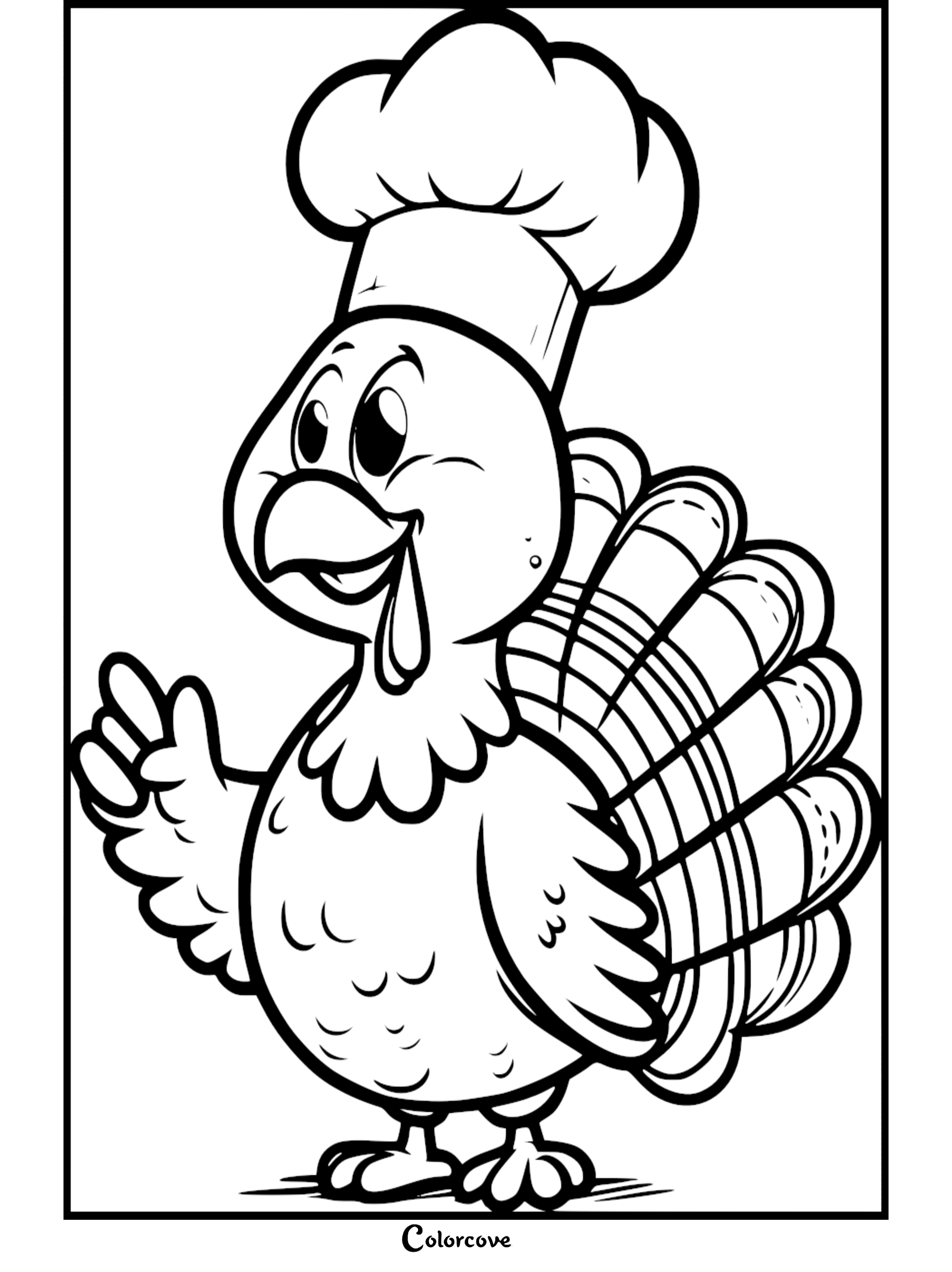 Thanksgiving turkey coloring page; cheerful turkey wearing a chef's hat and waving.