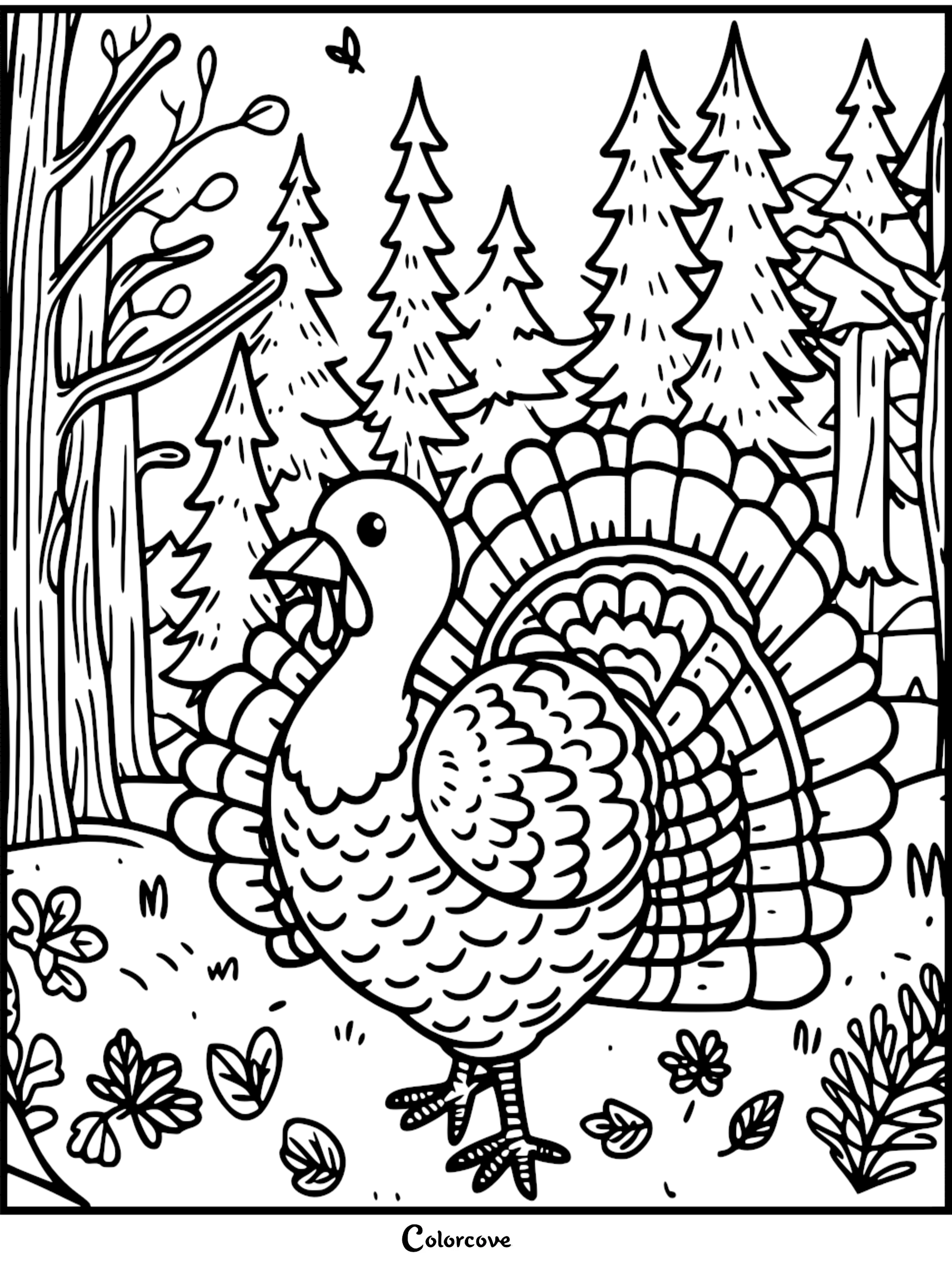 Coloring page featuring a detailed turkey in a forest setting. Trees and foliage in the background, site branding visible.