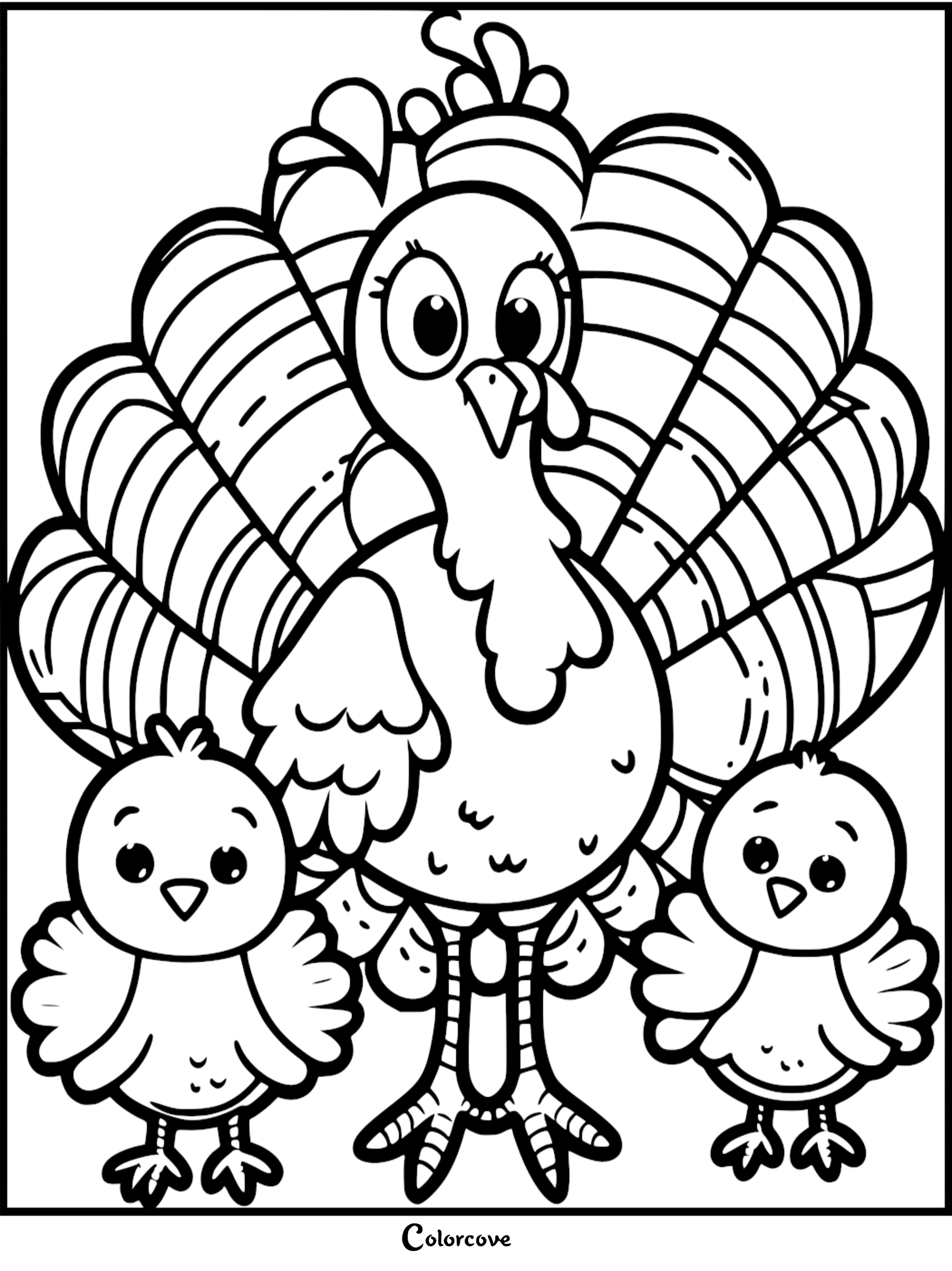 Turkey coloring page with a mother turkey and two chicks. Fun thanksgiving activity for kids to color. Printable from colorcove.org.