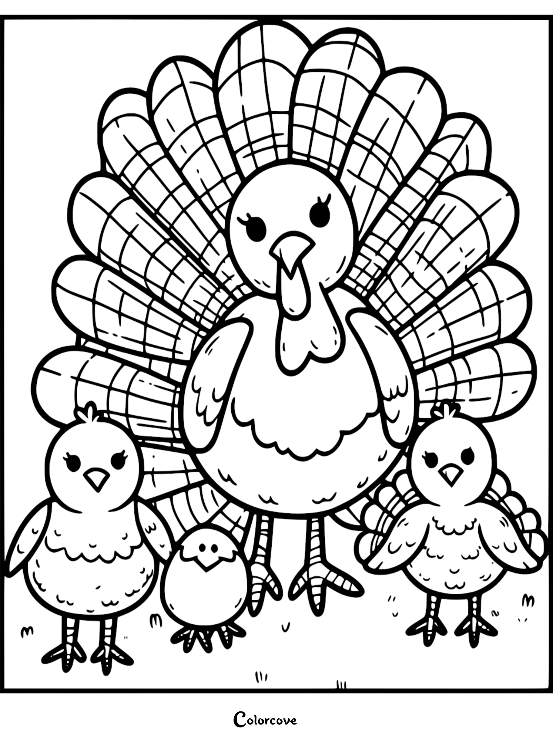Turkey family coloring page with adult and baby turkeys underlined by colorcove.org for Thanksgiving fun.