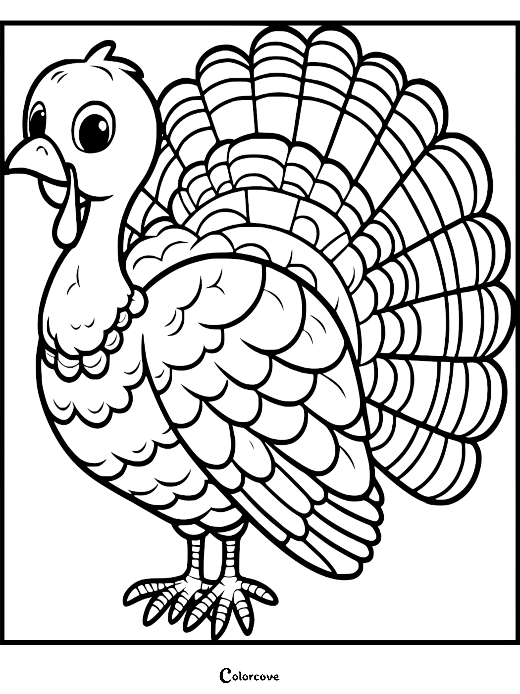 Cartoon turkey coloring page for kids, featuring detailed feathers and cheerful expression at colorcove.org.