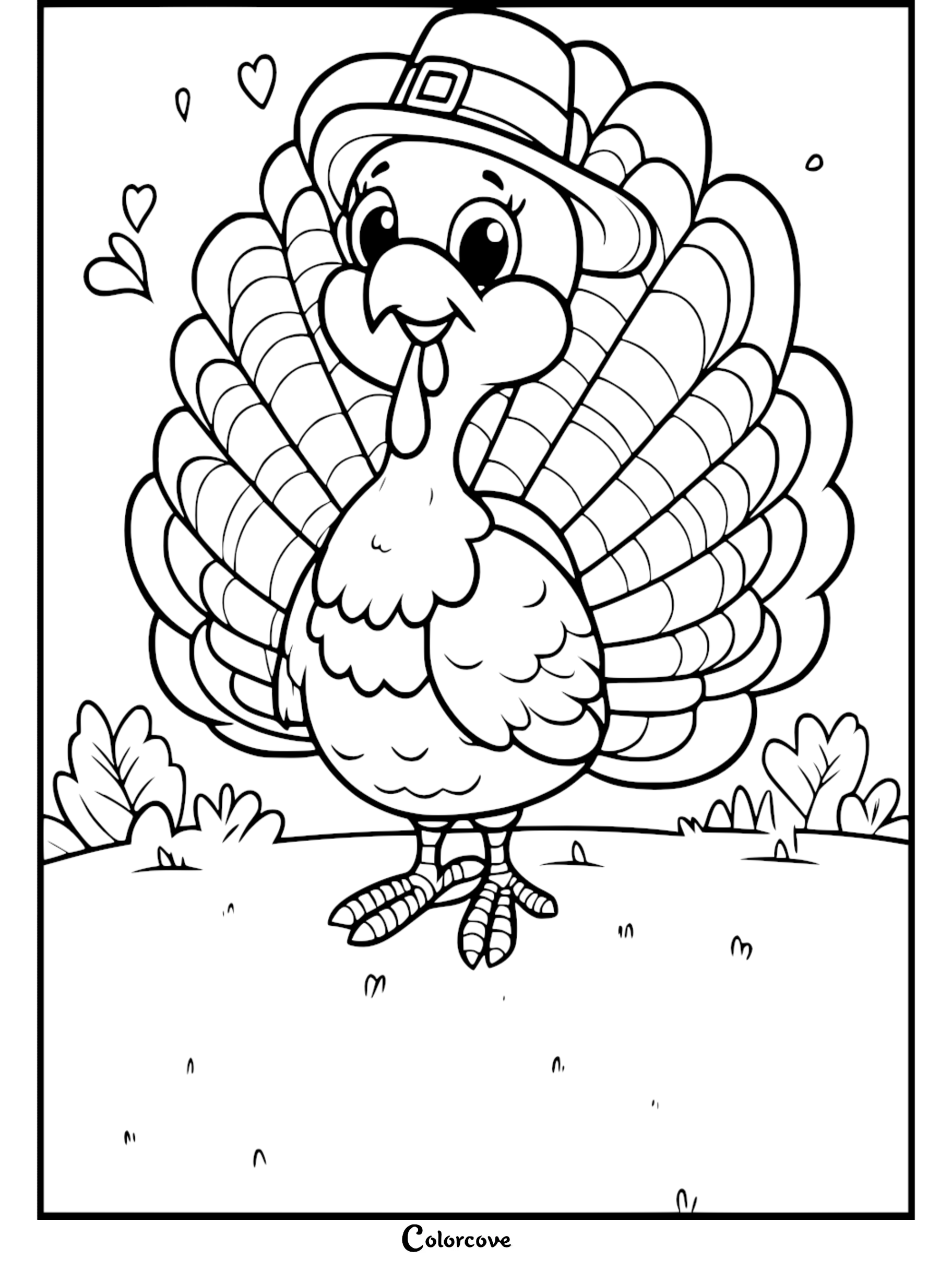 Happy cartoon turkey with a pilgrim hat on a Thanksgiving-themed coloring page with hearts and plants in the background.