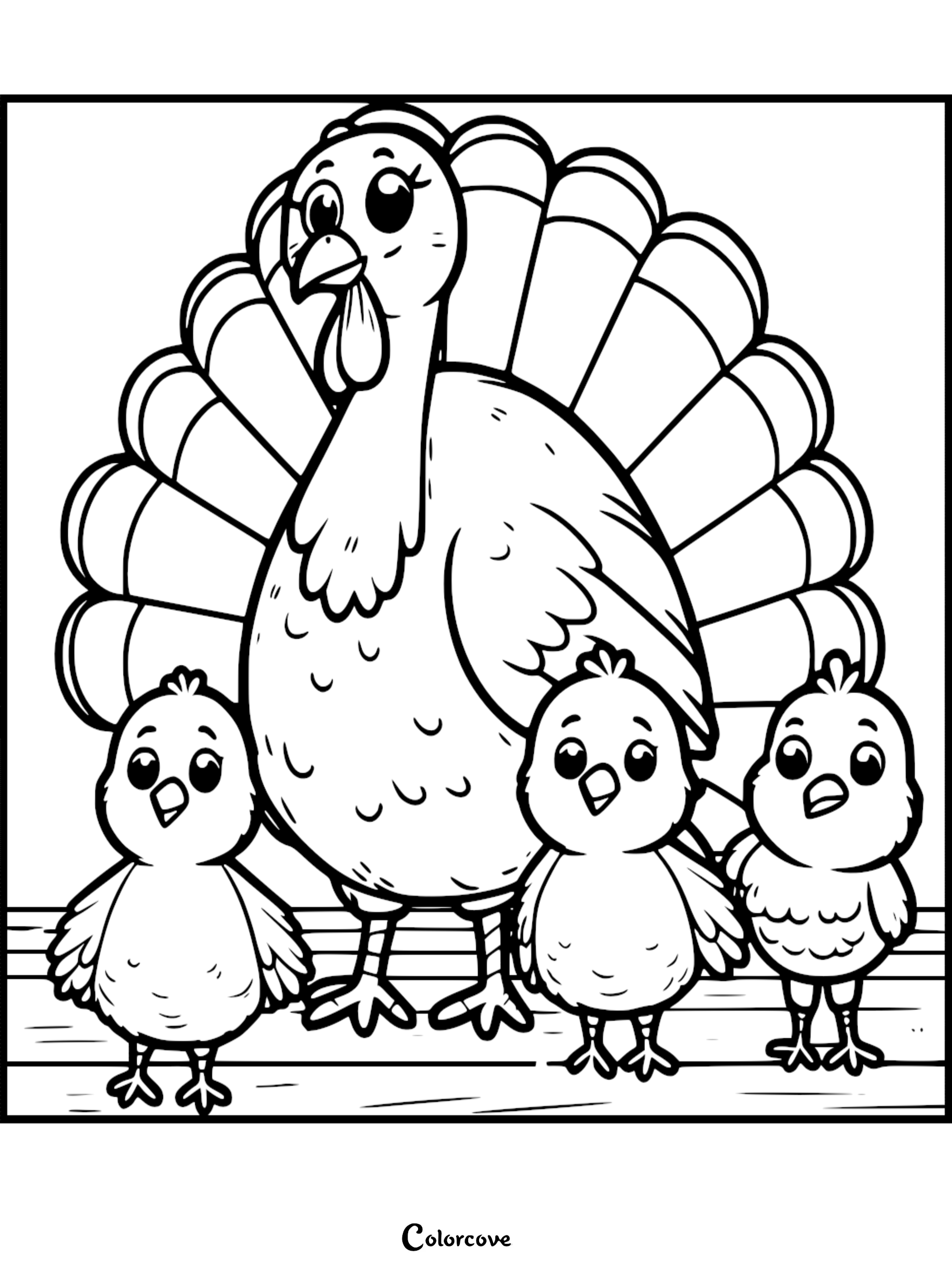 Coloring page of a turkey and three baby turkeys standing together. Perfect for kids' fall or Thanksgiving activities.