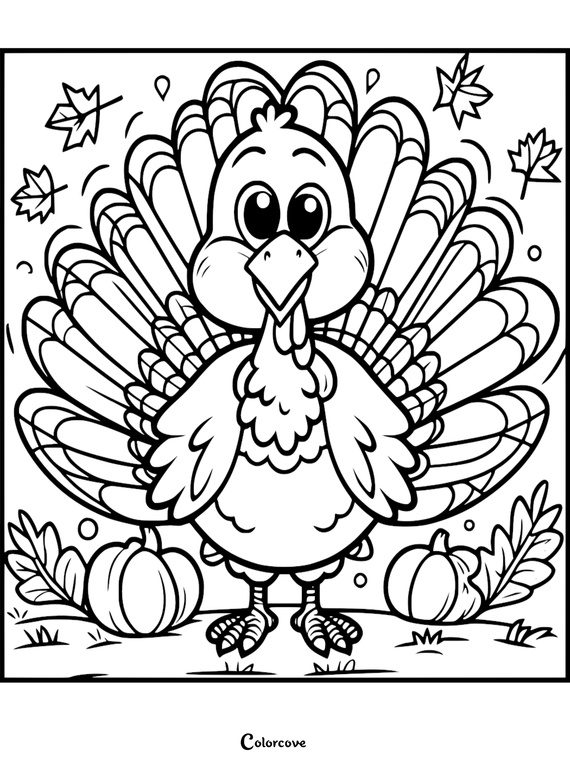 Thanksgiving turkey coloring page with pumpkins, falling leaves, and background nature elements for kids and adults.