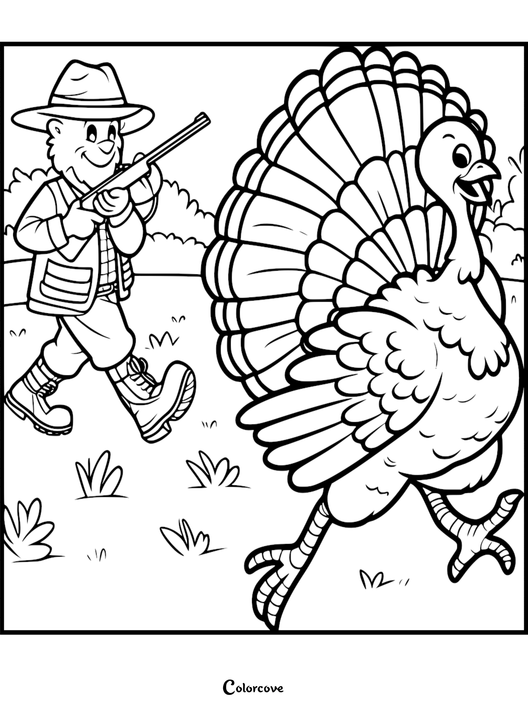 Boy with a gun chasing a turkey in a field - printable coloring page for kids from colorcove.org.