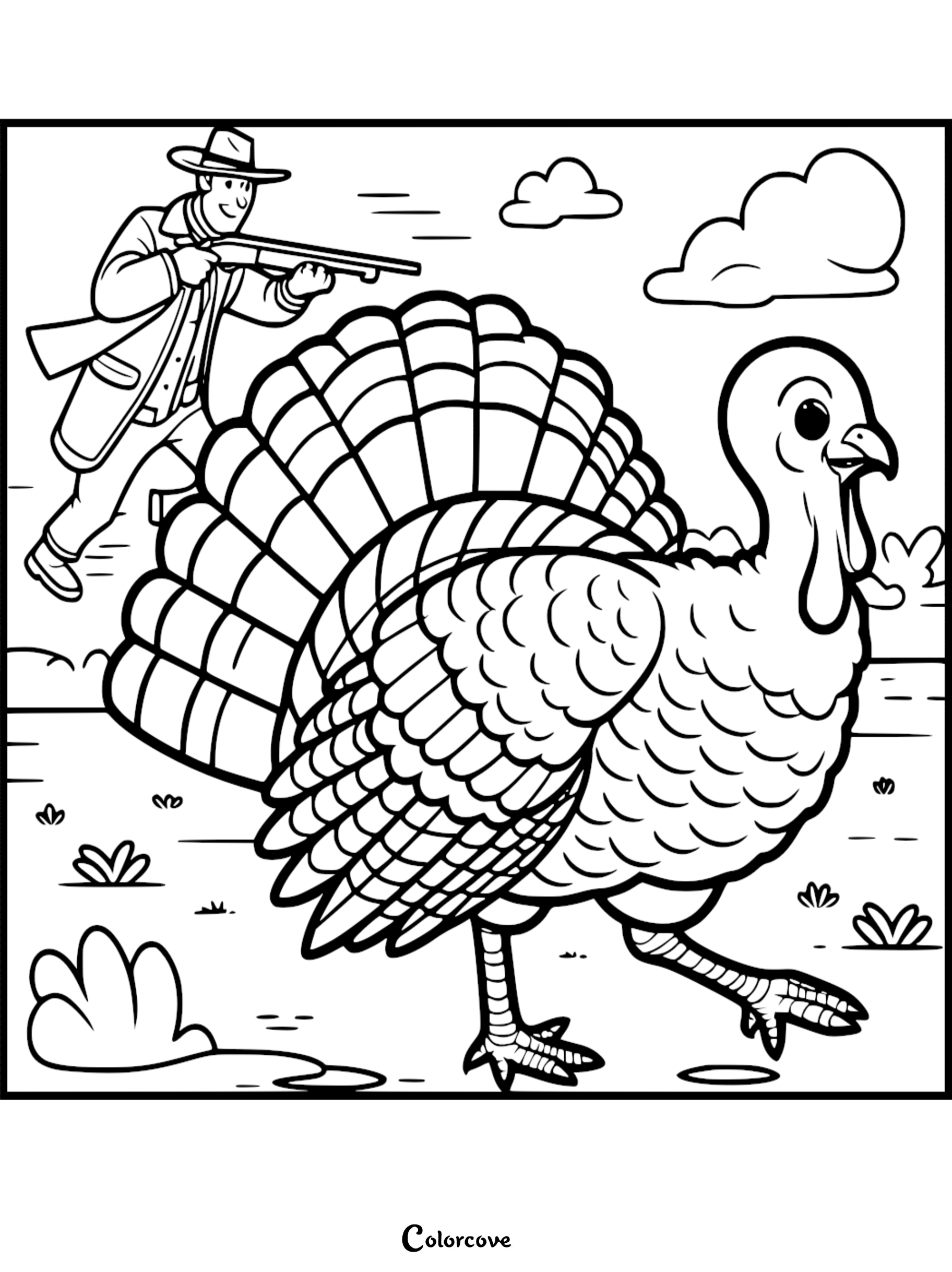 Coloring page depicting a hunter with a gun aiming at a large turkey in a field, suitable for Thanksgiving activities.