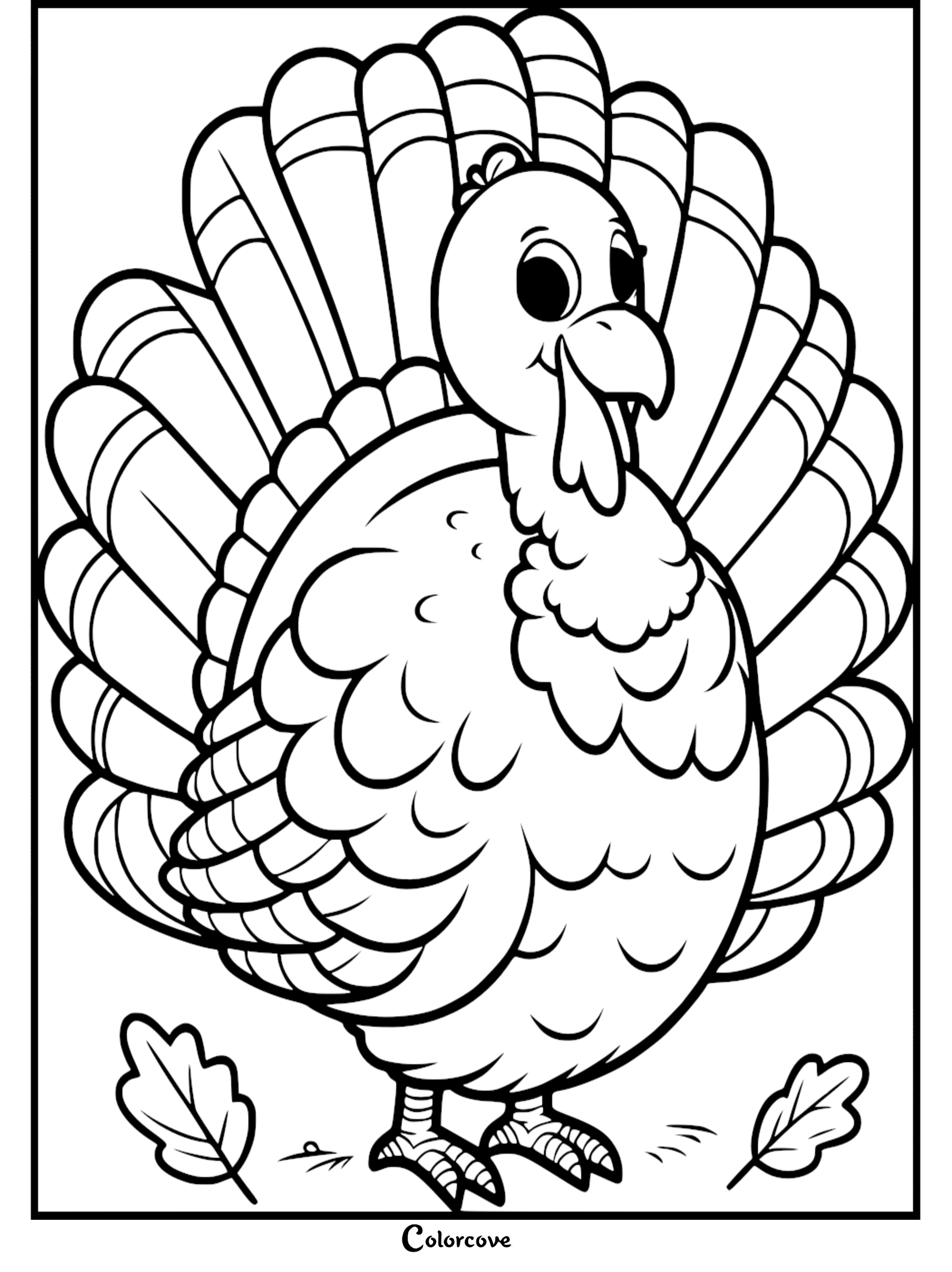 Happy turkey coloring page for kids with cute details and fall leaves. Download and print this fun Thanksgiving activity!