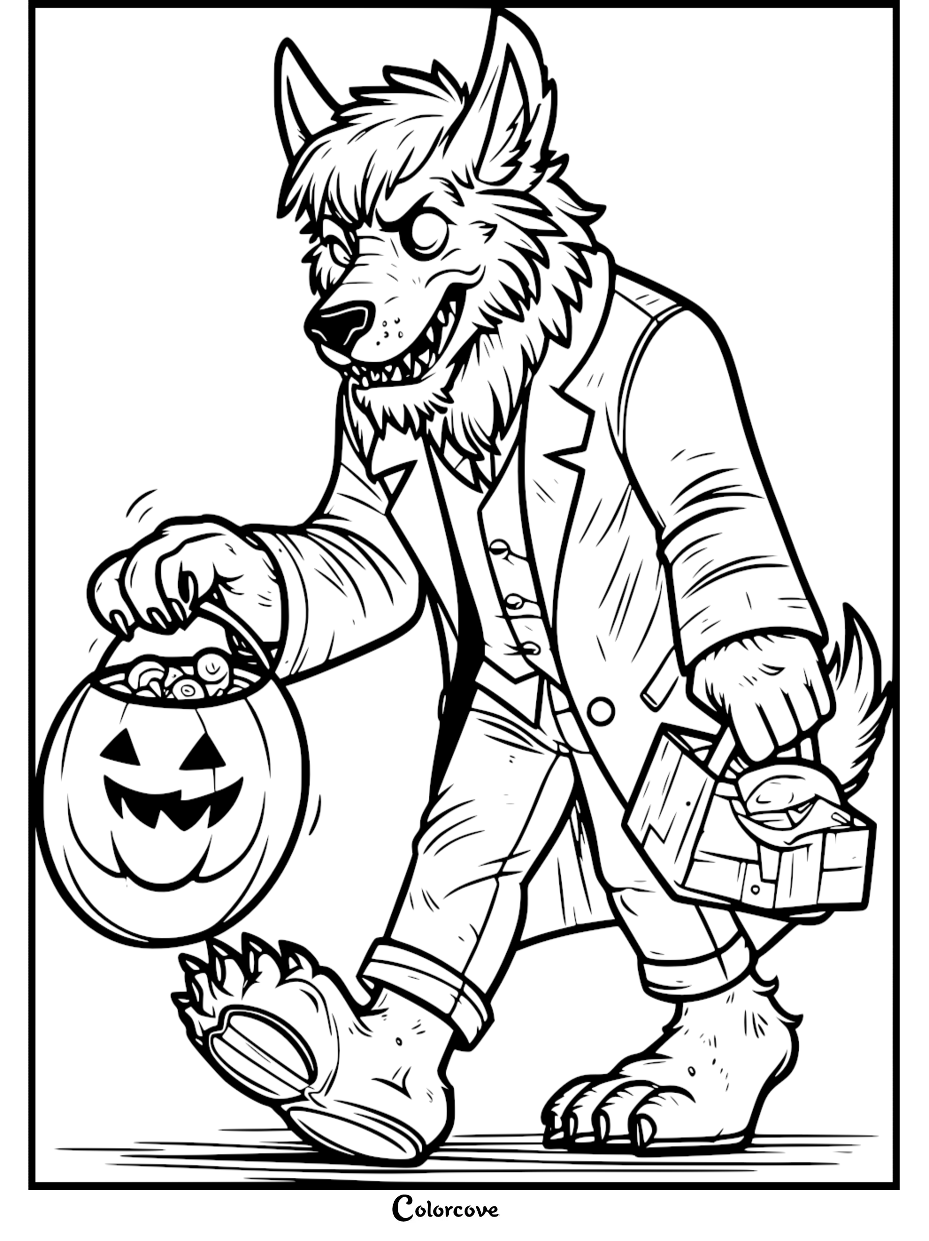 Werewolf in a trenchcoat carrying a pumpkin bucket and toolbox, ready for Halloween. Printable coloring page from colorcove.org.