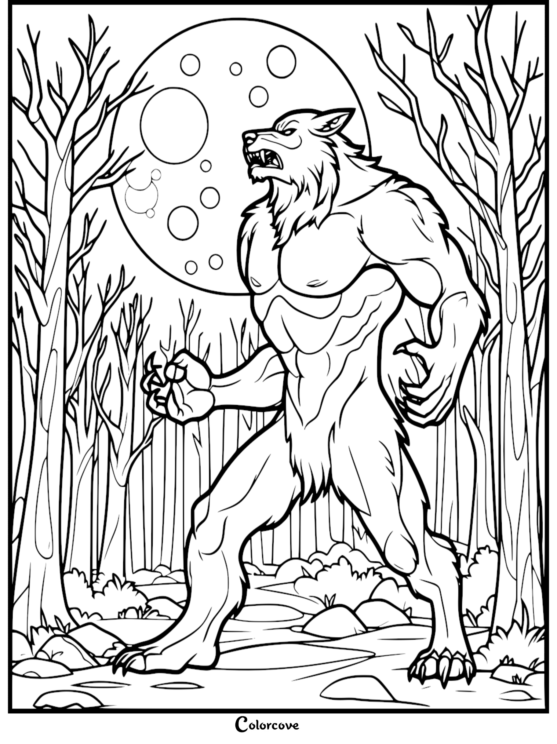 Werewolf coloring page with a full moon and spooky forest background, perfect for Halloween-themed activities.