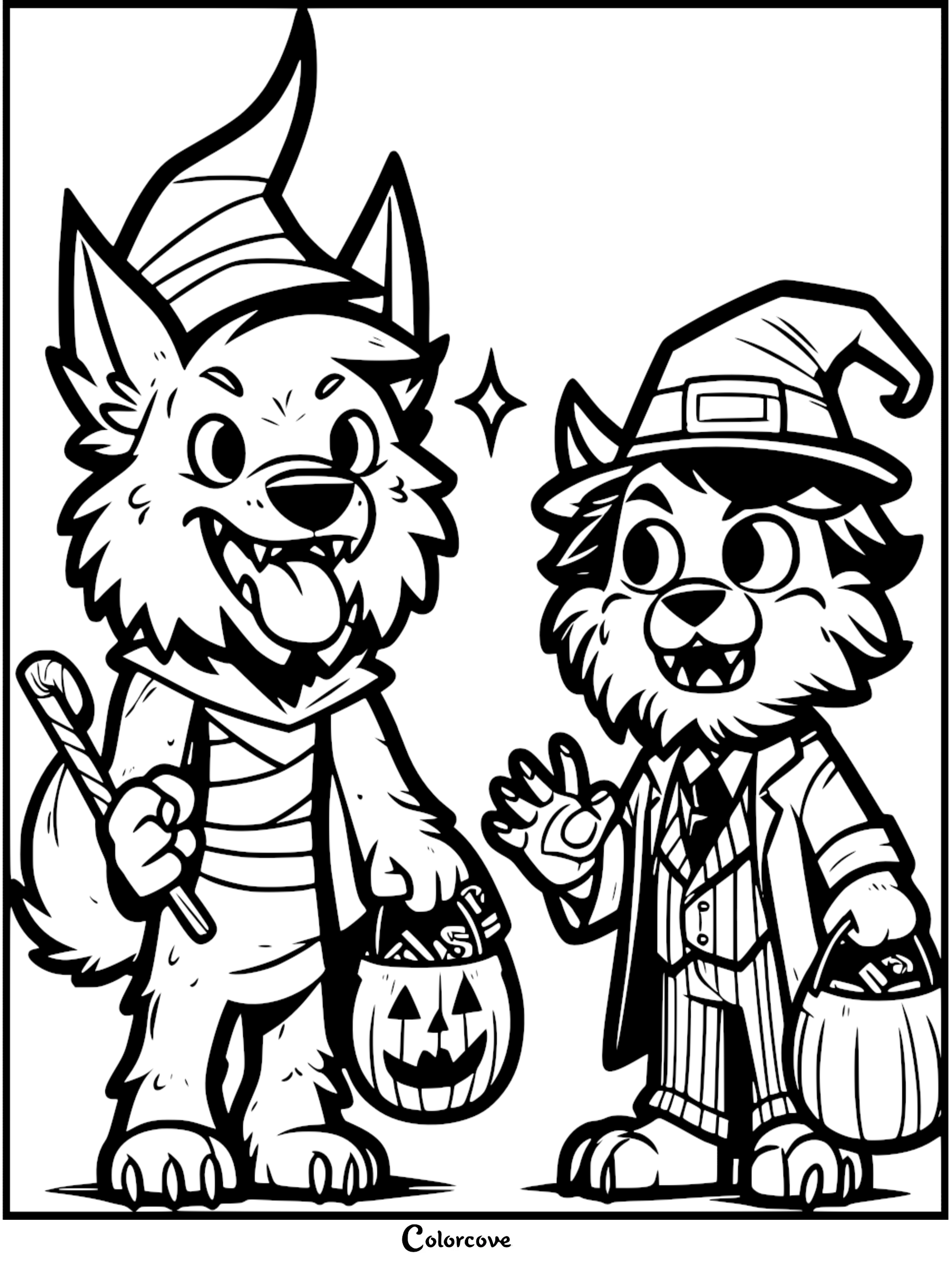 Two cute dog characters in Halloween costumes holding trick-or-treat baskets, ready for coloring.