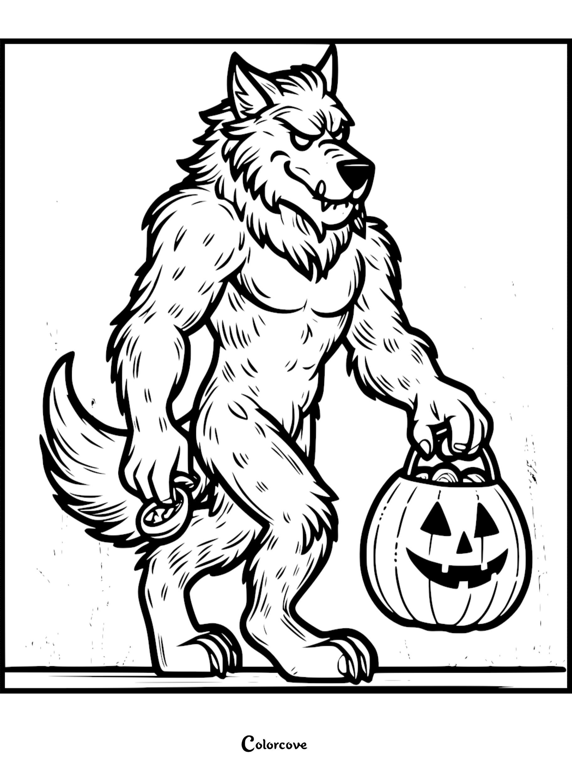 Werewolf Halloween coloring page featuring a muscular werewolf carrying a jack-o'-lantern candy bucket. Printable for kids.