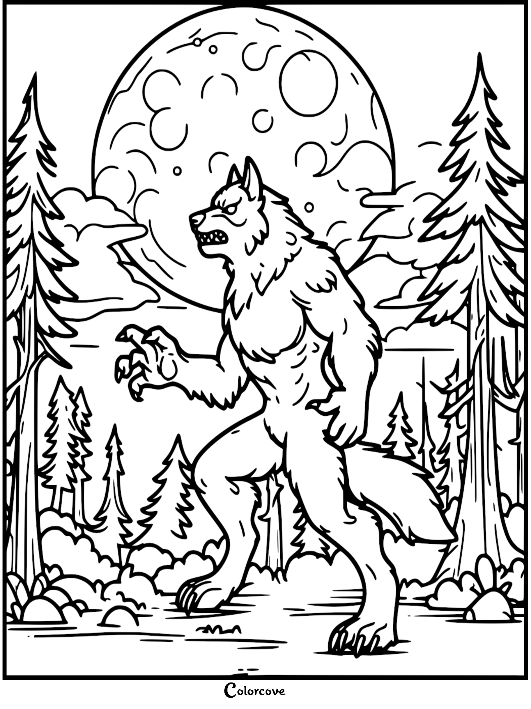 Werewolf coloring page with moonlit forest backdrop, trees, and clouds, available at colorcove.org. Perfect for Halloween fun.