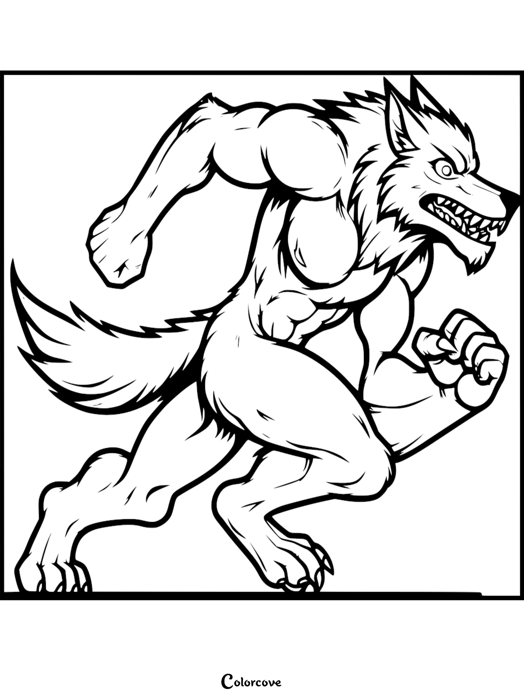 Werewolf coloring page: muscular werewolf mid-run with bared teeth and claws. Printable for kids and adults. Colorcove.org.