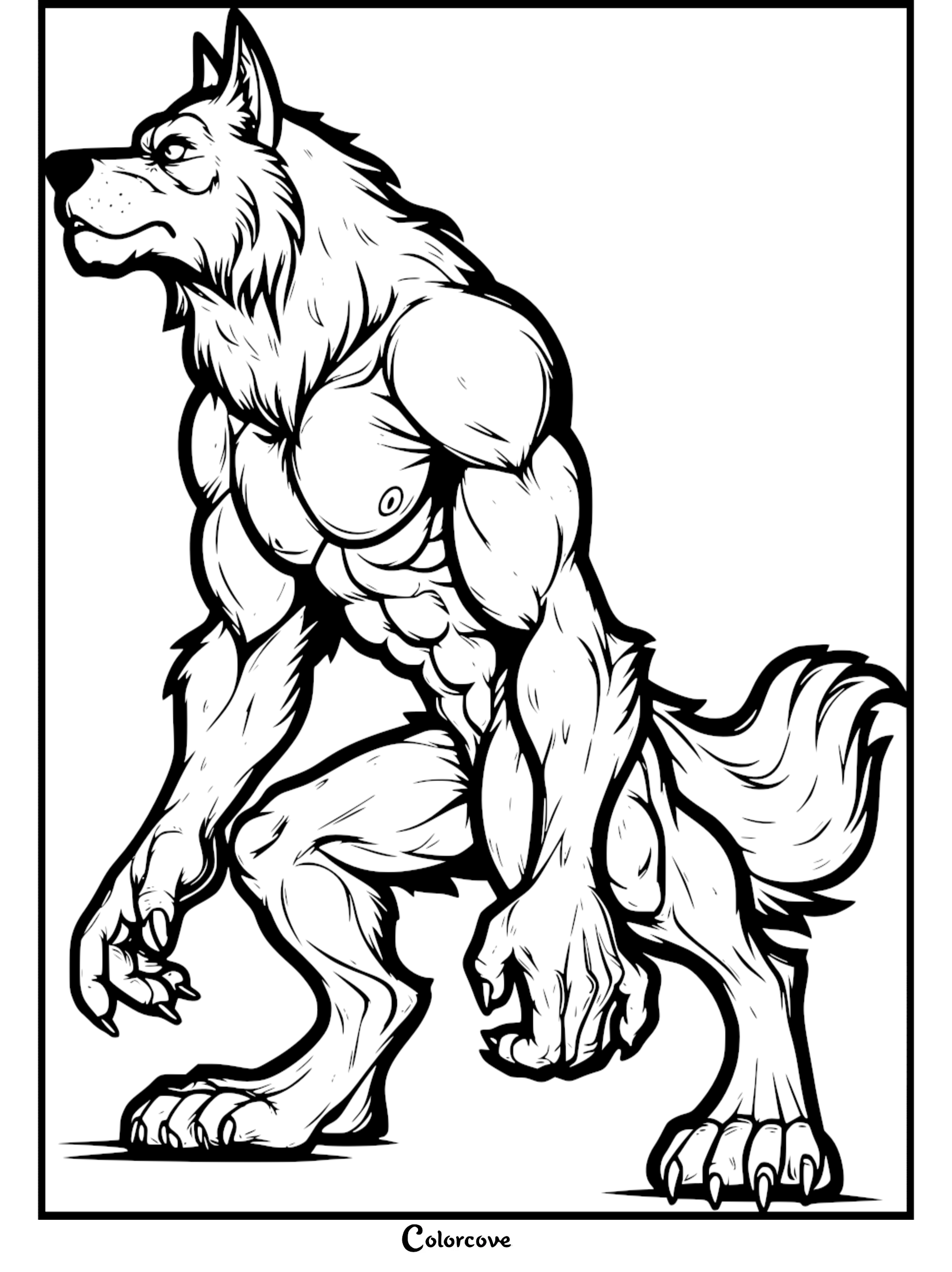 Coloring page featuring a muscular werewolf in a dynamic pose. Perfect for kids and adults who enjoy fantasy and mythical creatures.