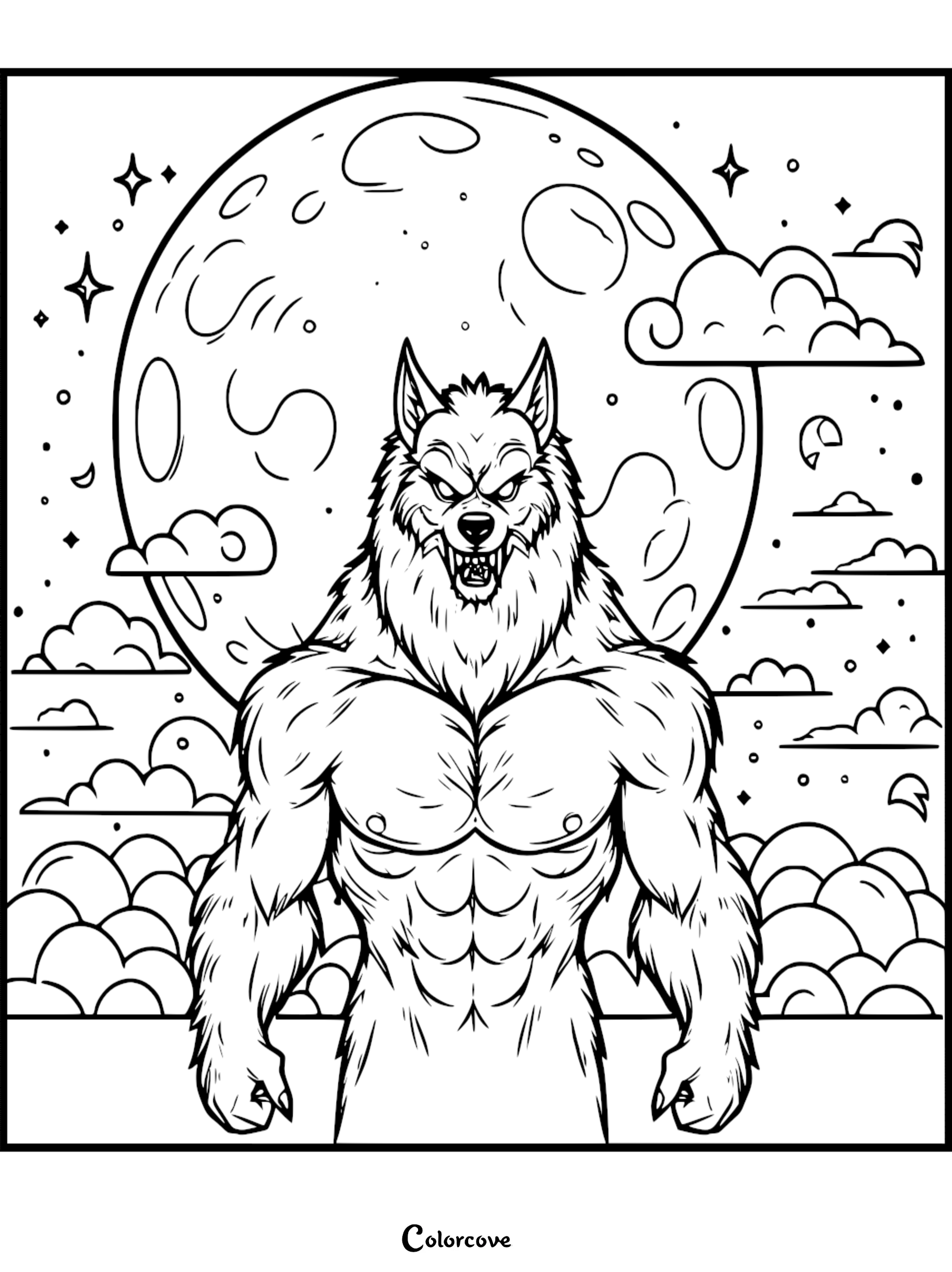 Muscular werewolf in front of a full moon and clouds coloring page. Download and print at colorcove.org for free.