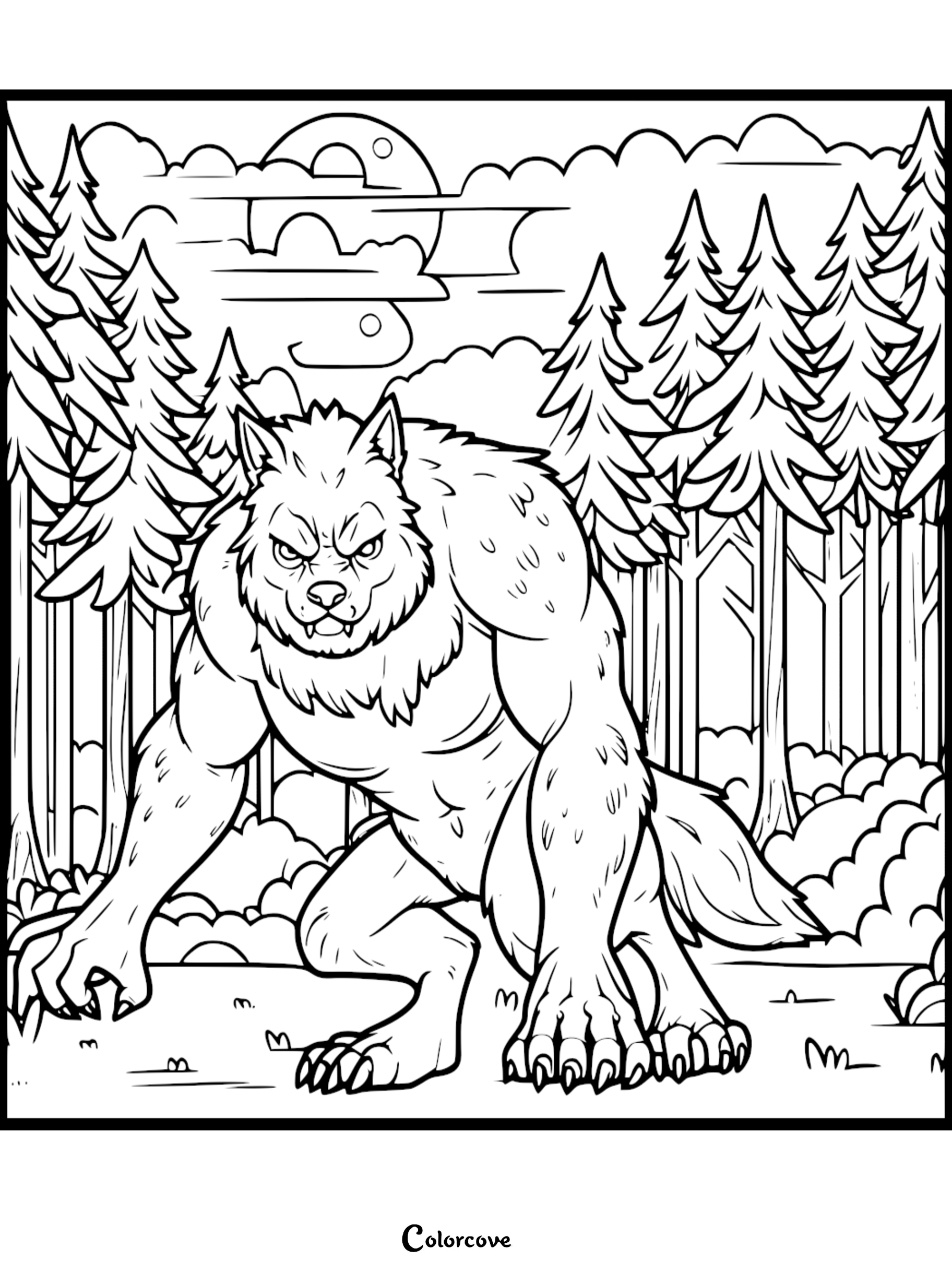Werewolf coloring page featuring a fierce werewolf in a forest under a cloudy sky. Perfect for kids' Halloween fun!