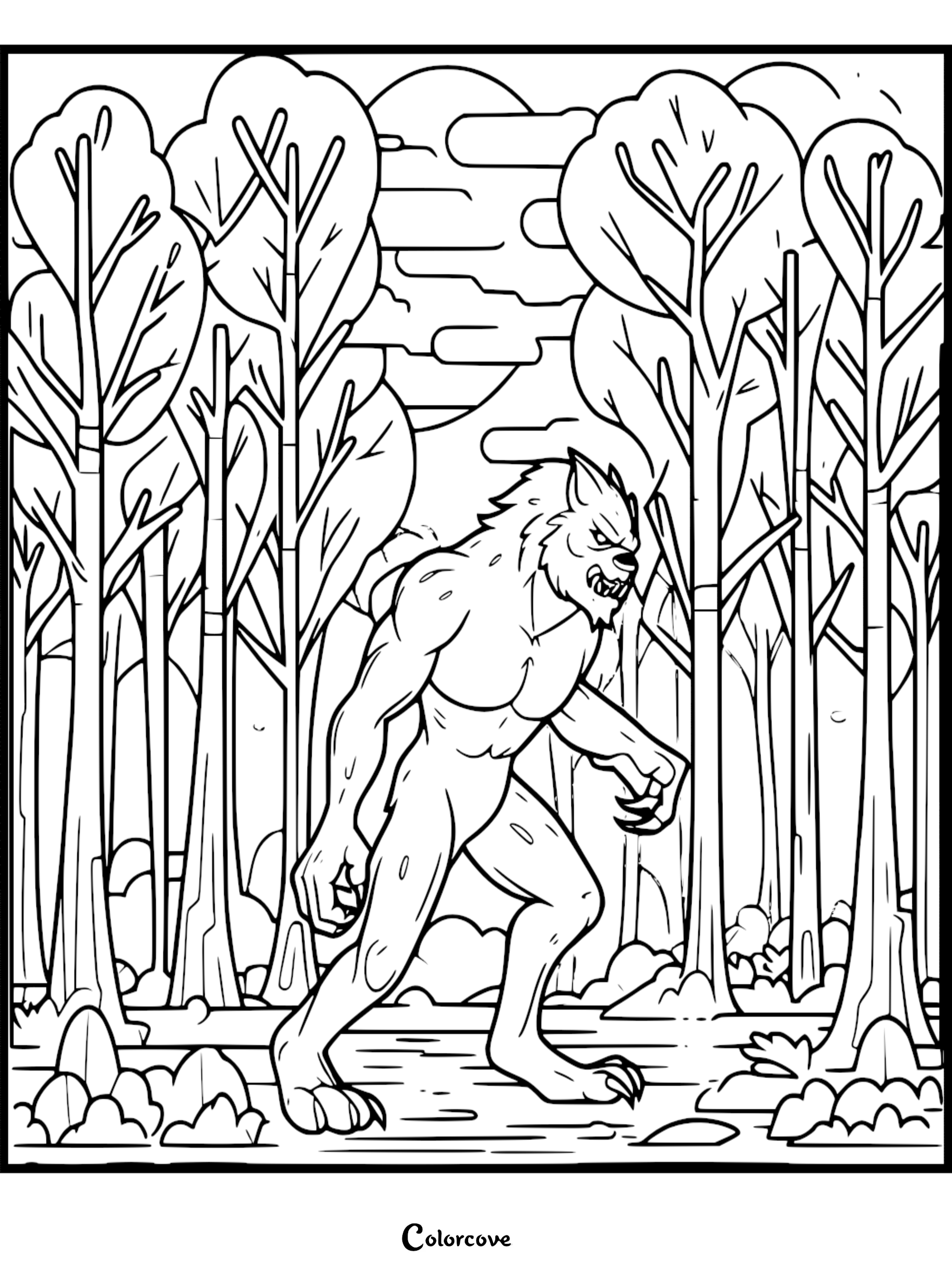 Coloring page of a werewolf walking through a forest under a cloudy sky, perfect for kids and adults to color.