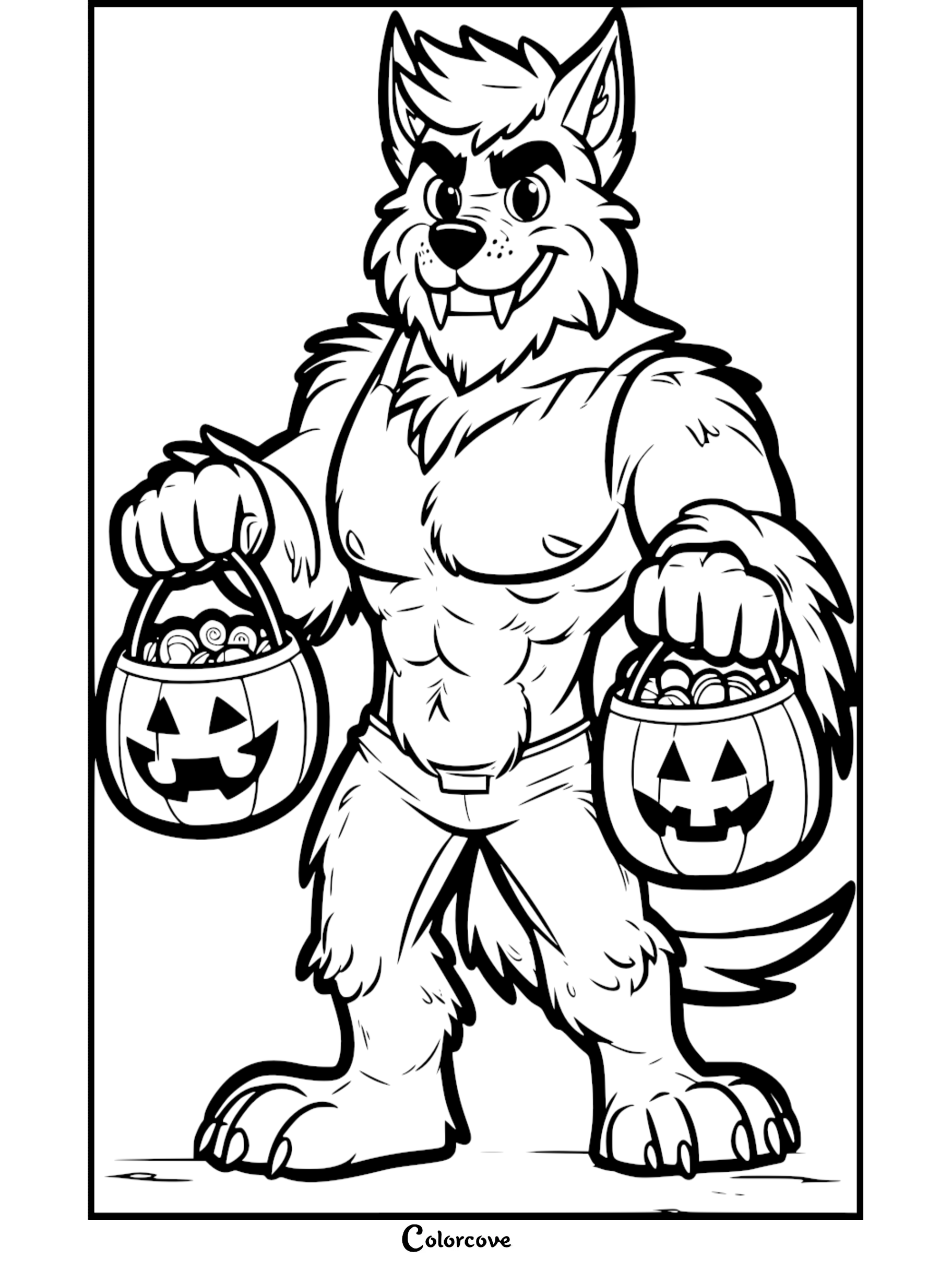 Halloween werewolf coloring page holding two candy-filled pumpkin buckets. Printable spooky fun for kids and adults.