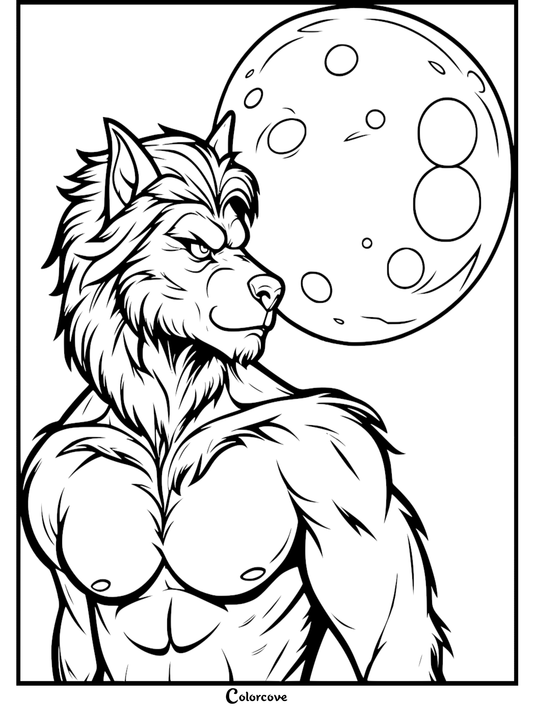 Werewolf coloring page featuring a muscular wolfman under a full moon. Download and print this free werewolf illustration.