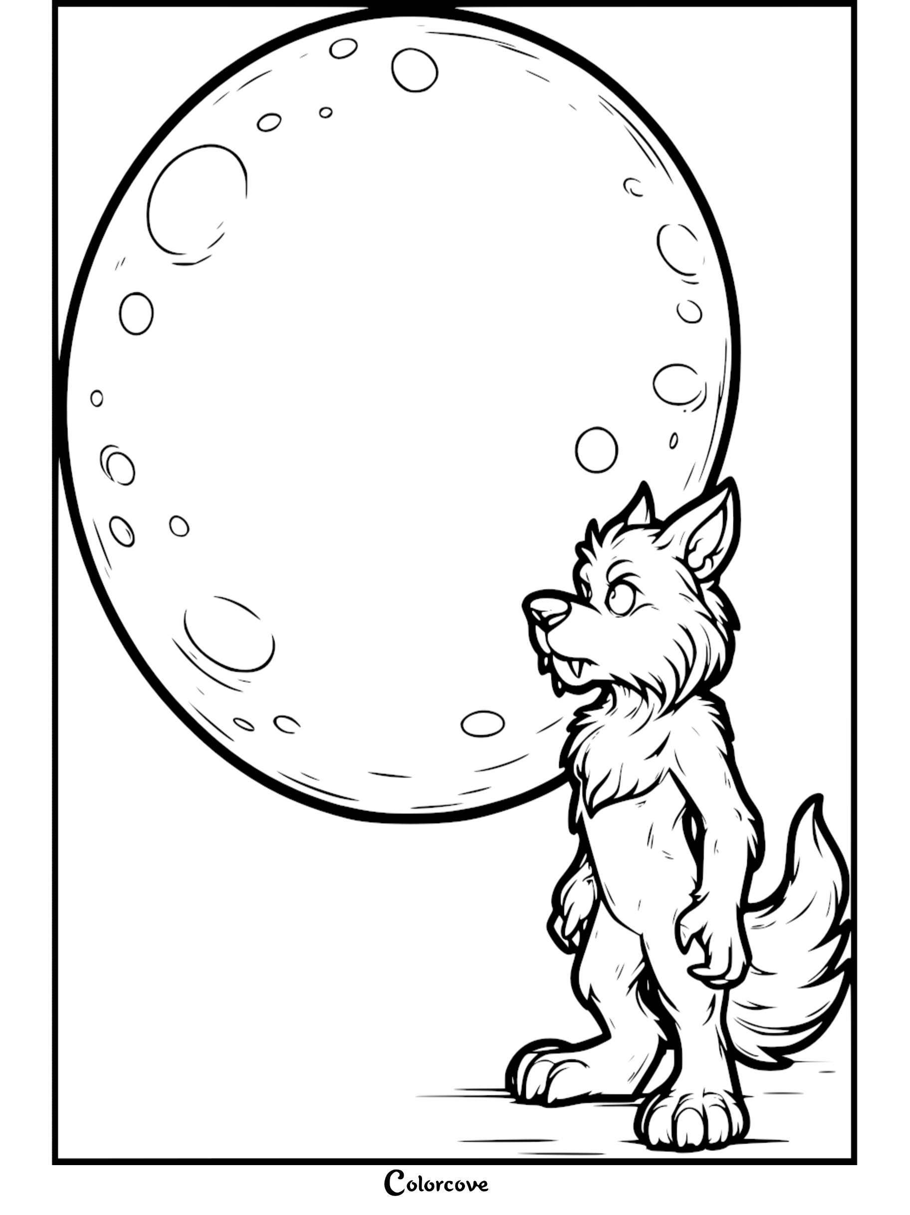 Cartoon werewolf looking at the full moon coloring page perfect for kids and Halloween-themed activities.
