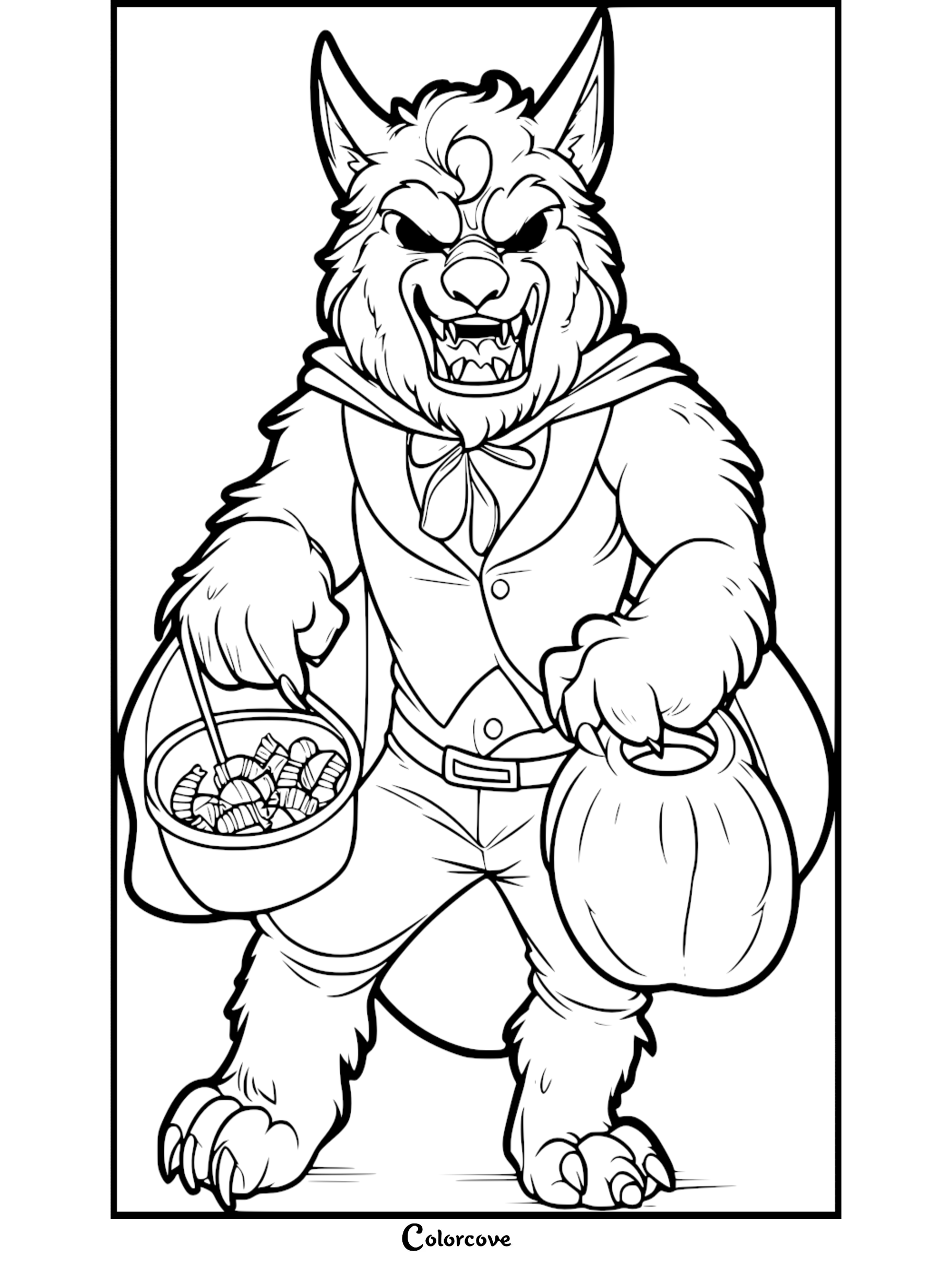 Werewolf in costume holding candy bucket and pumpkin, Halloween coloring page for kids at colorcove.org.
