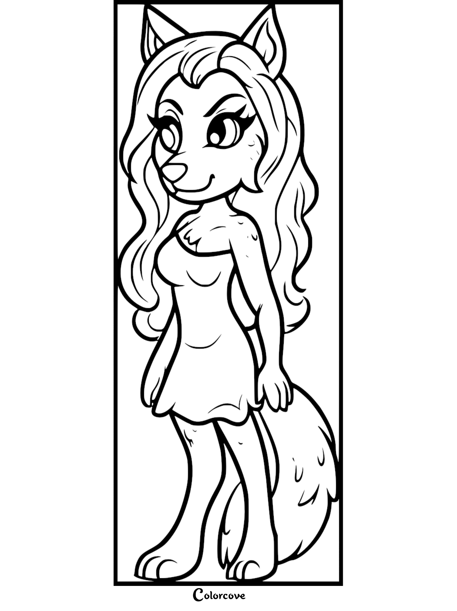 A cute fox character coloring page with long hair and a dress, ready to be colored. Visit colorcove.org for more.