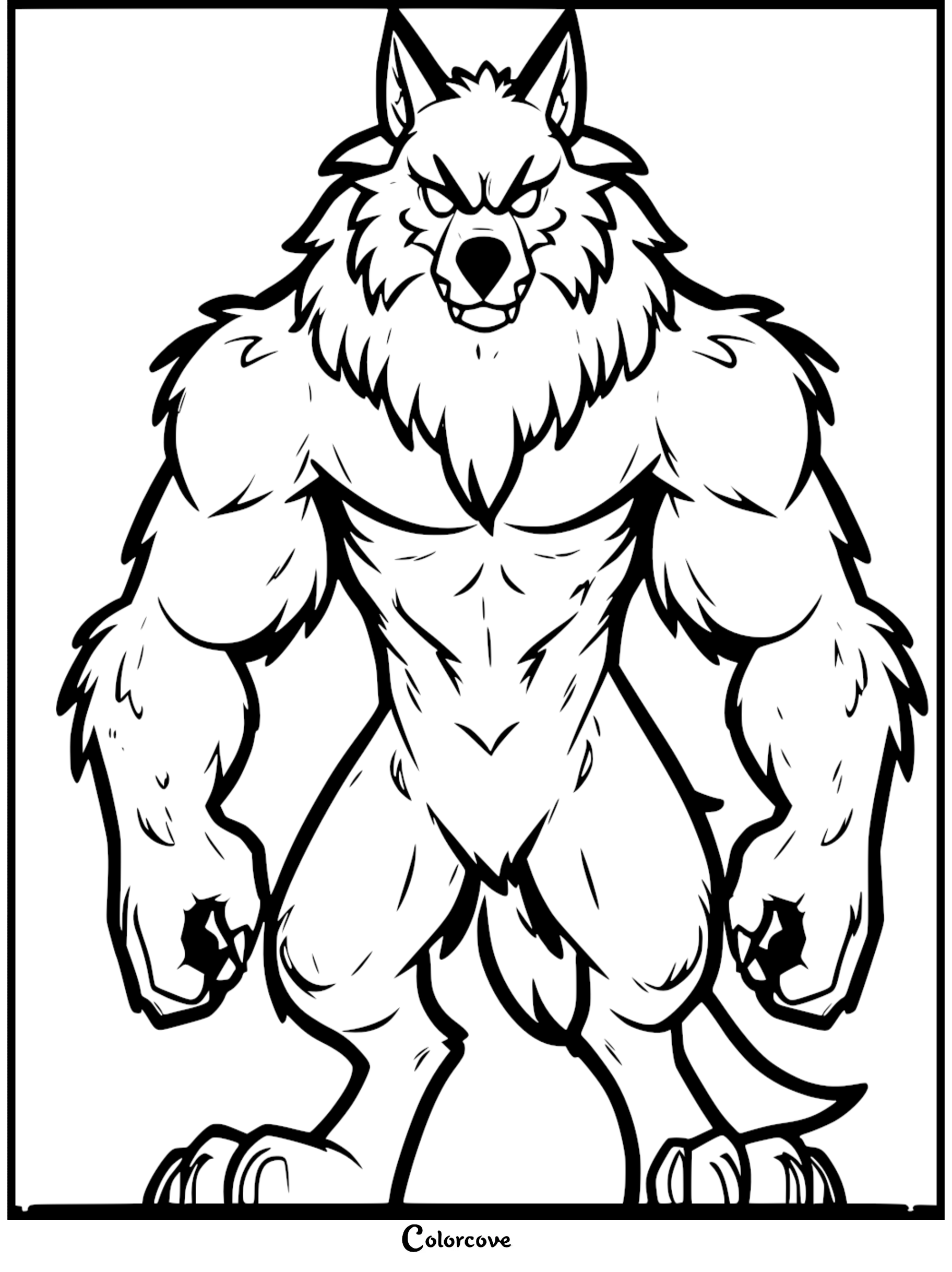 Muscular werewolf coloring page with fierce expression, ready to print and color from colorcove.org.