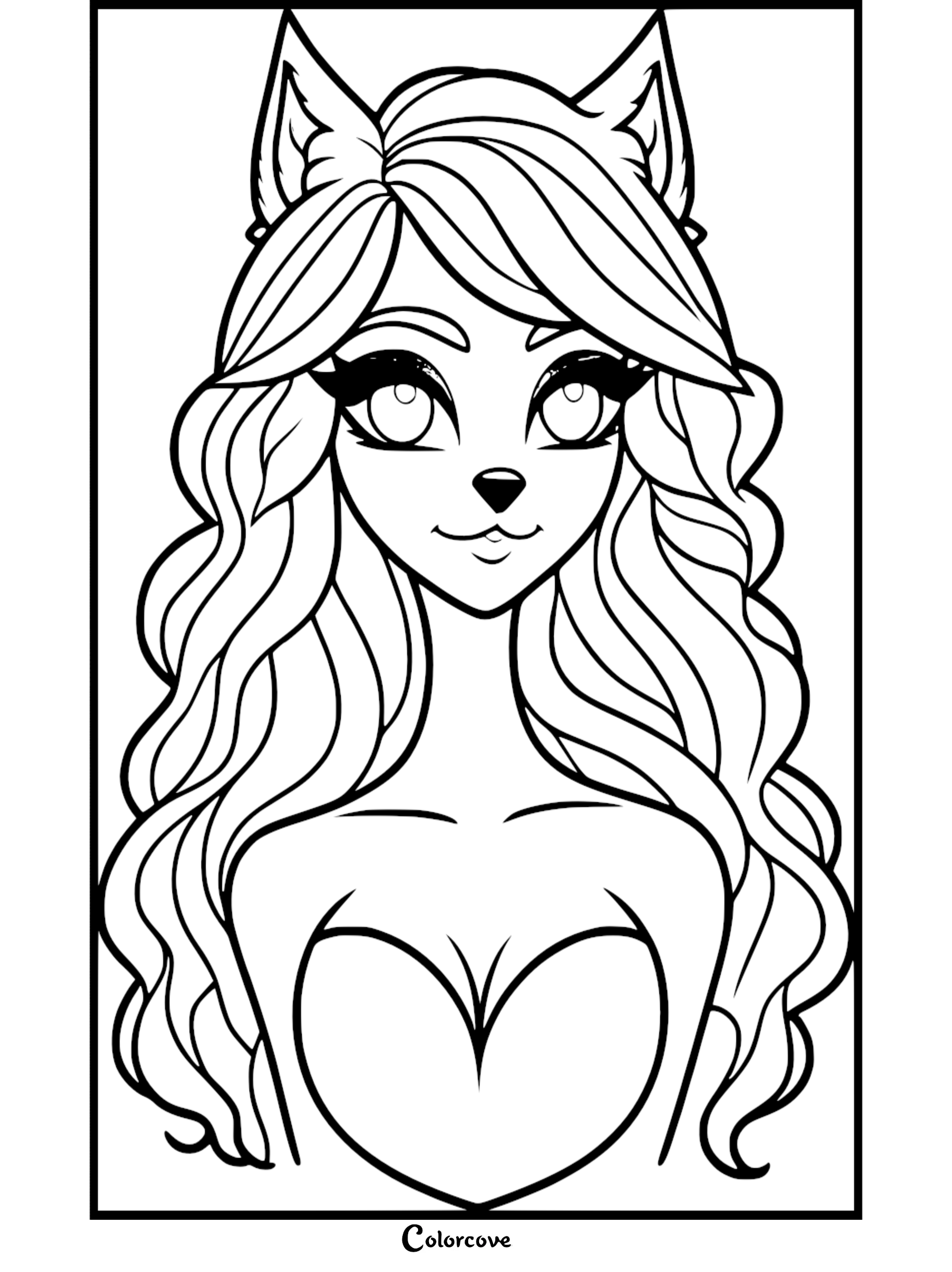 Coloring page featuring a feline-inspired character with cat ears, large eyes, and wavy hair. ColorCove.org branding.