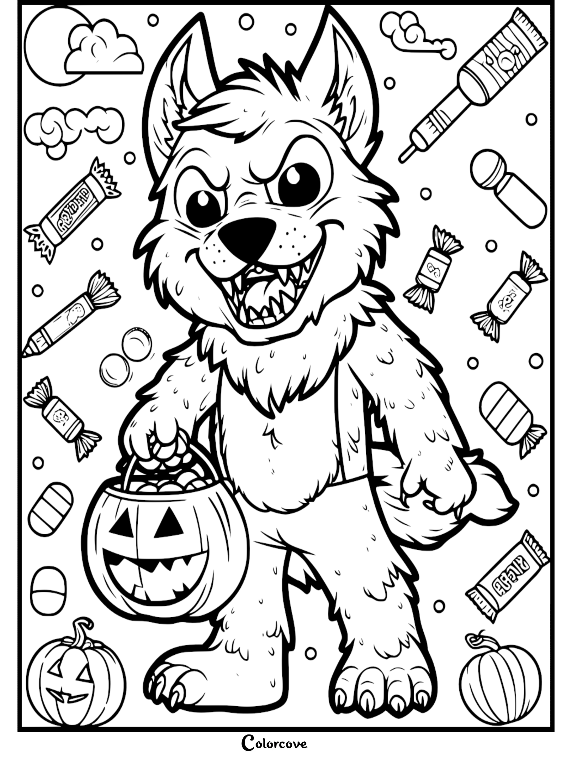 Cute werewolf trick-or-treating with pumpkin candy bucket on Halloween-themed coloring page from colorcove.org.