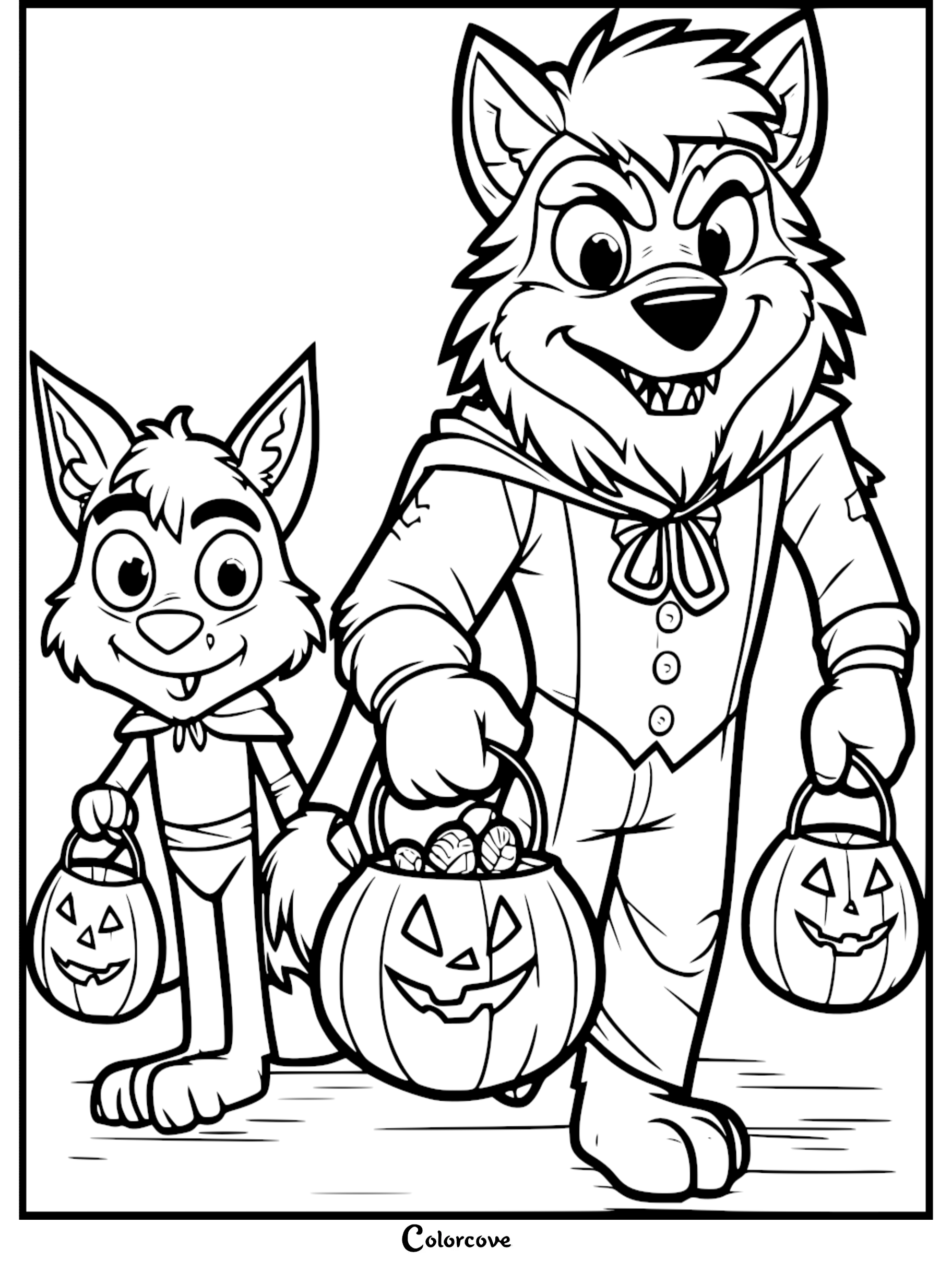 Halloween werewolf coloring page with two characters holding jack-o-lantern buckets, perfect for kids to color.